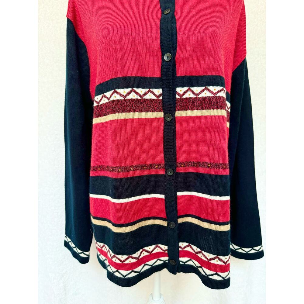 Vintage 90's Erin London Acrylic Red & Black Button Up Cardigan Sweater 1X XL - Picture 4 of 9